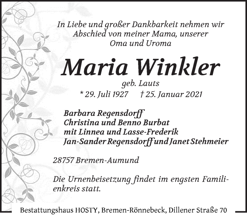 Traueranzeigen von Maria Winkler | Trauer & Gedenken