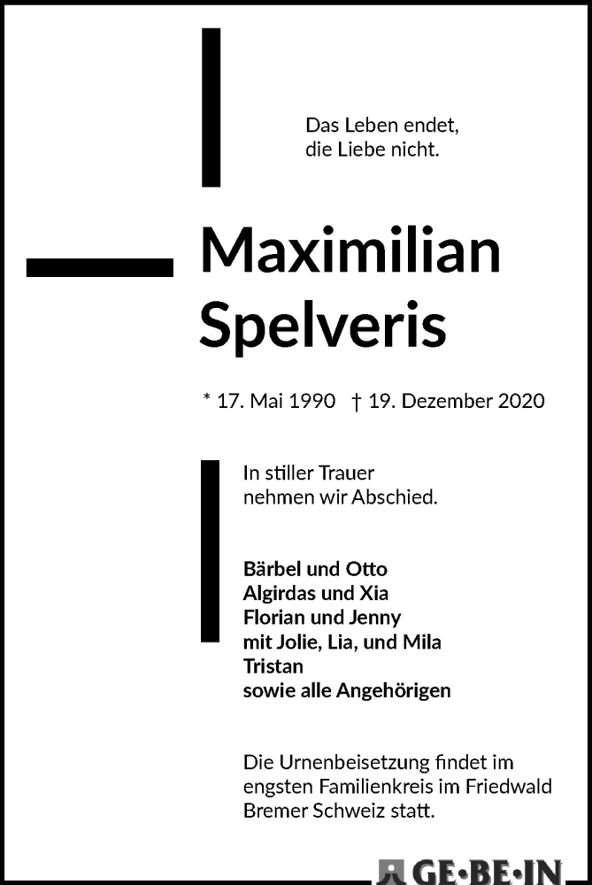  Traueranzeige für Maximilian Spelveris vom 02.01.2021 aus Osterholzer Kreisblatt