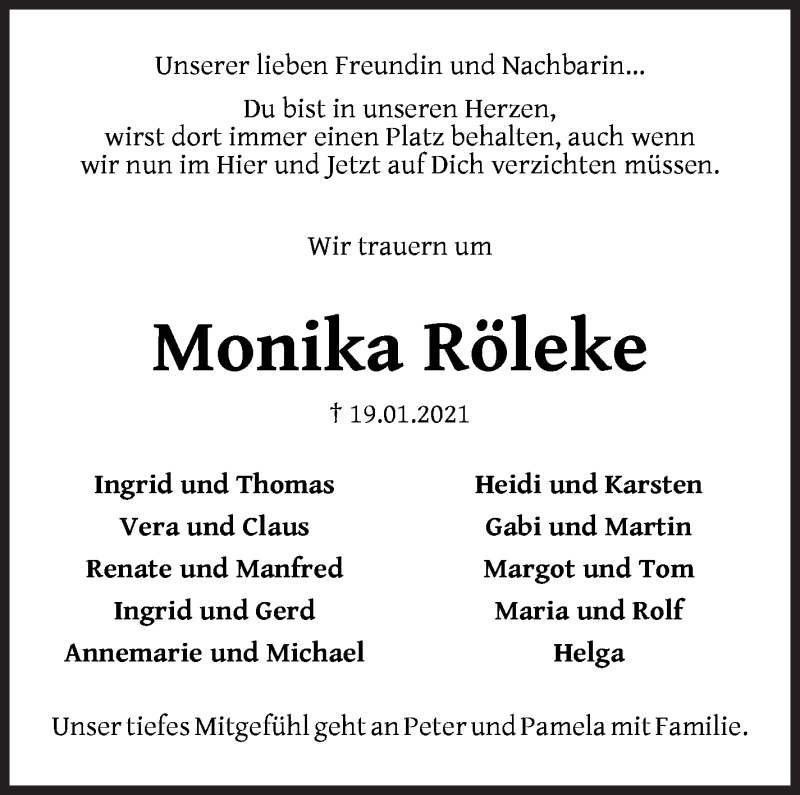 Traueranzeige von Monika Röleke von WESER-KURIER