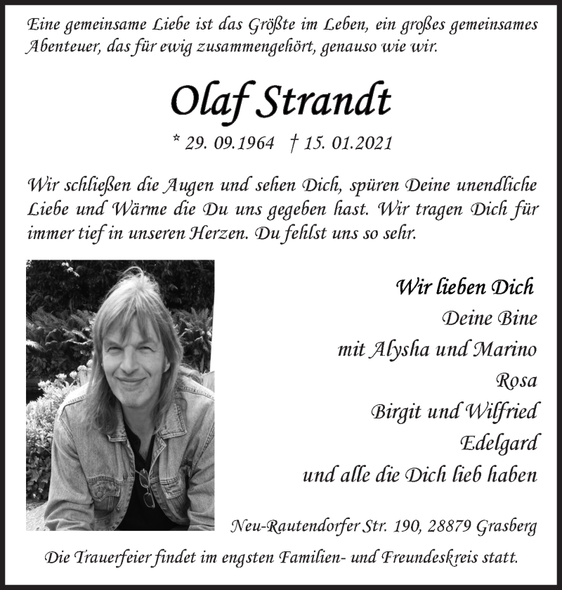  Traueranzeige für Olaf Strandt vom 23.01.2021 aus WESER-KURIER