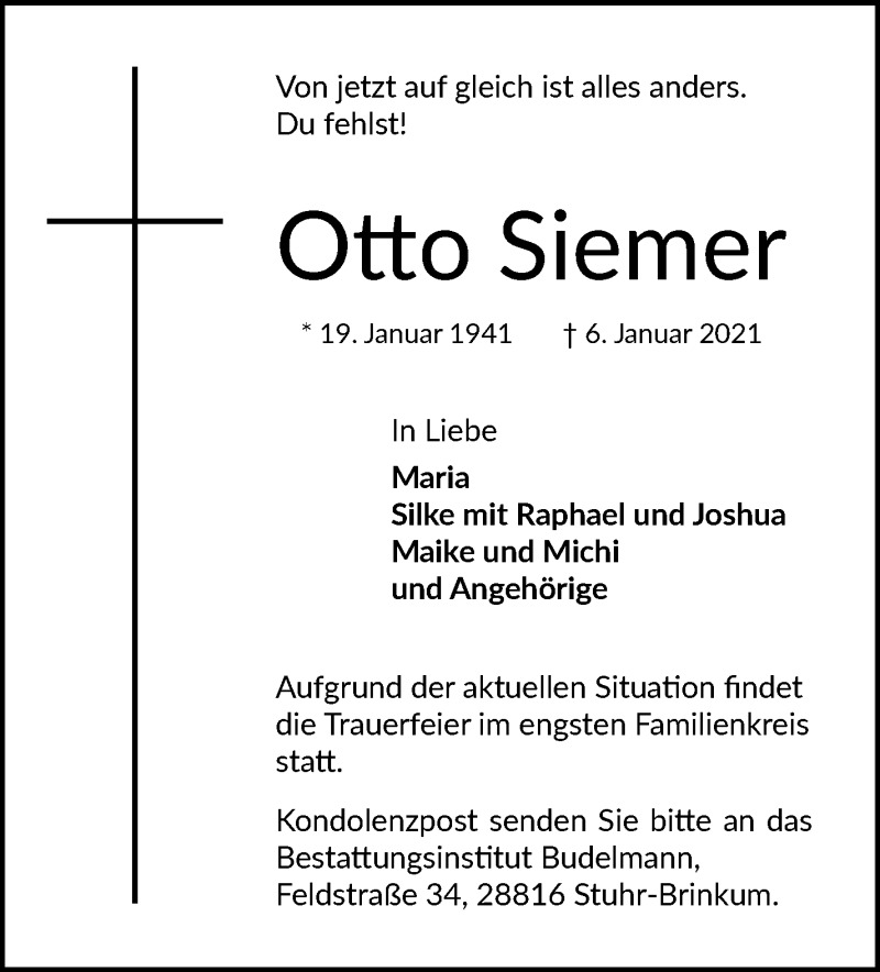  Traueranzeige für Otto Siemer vom 09.01.2021 aus WESER-KURIER