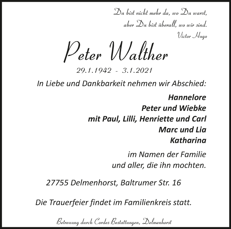  Traueranzeige für Peter Walther vom 09.01.2021 aus WESER-KURIER