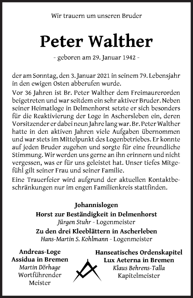  Traueranzeige für Peter Walther vom 16.01.2021 aus WESER-KURIER