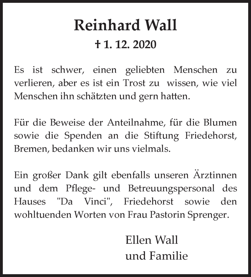 Traueranzeige von Reinhard Wall von Die Norddeutsche
