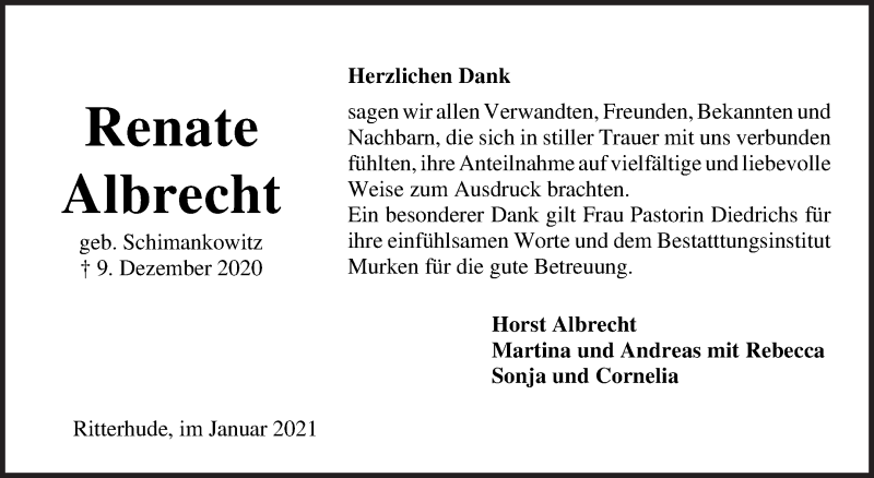 Traueranzeige für Renate Albrecht vom 16.01.2021 aus Osterholzer Kreisblatt