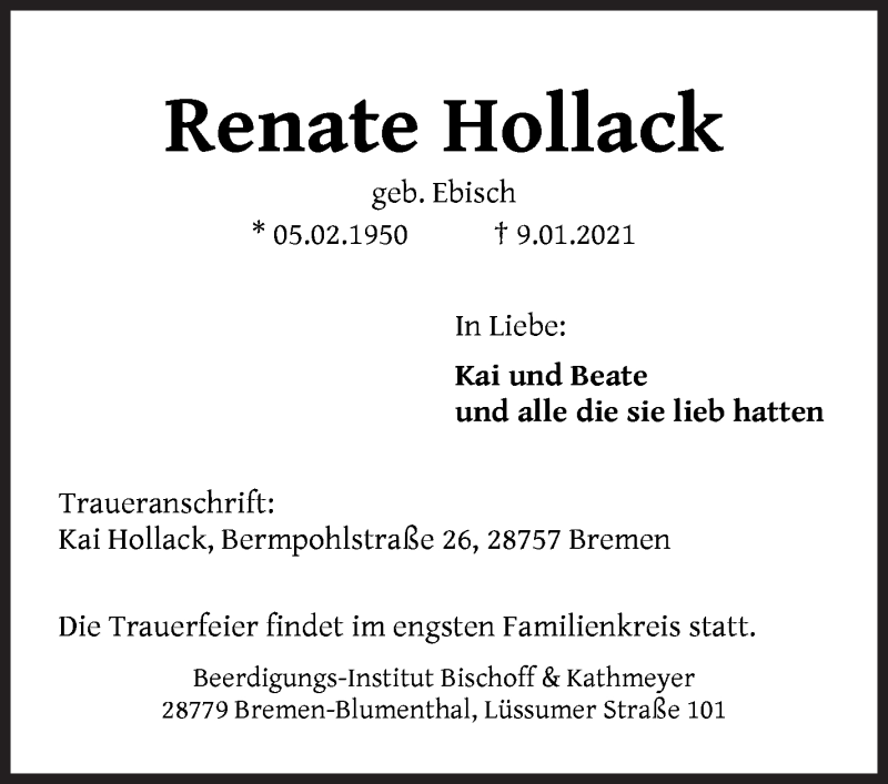 Traueranzeige für Renate Hollack vom 20.01.2021 aus Die Norddeutsche
