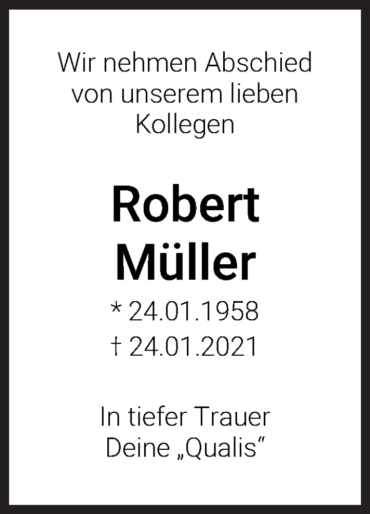  Traueranzeige für Robert Müller vom 30.01.2021 aus WESER-KURIER