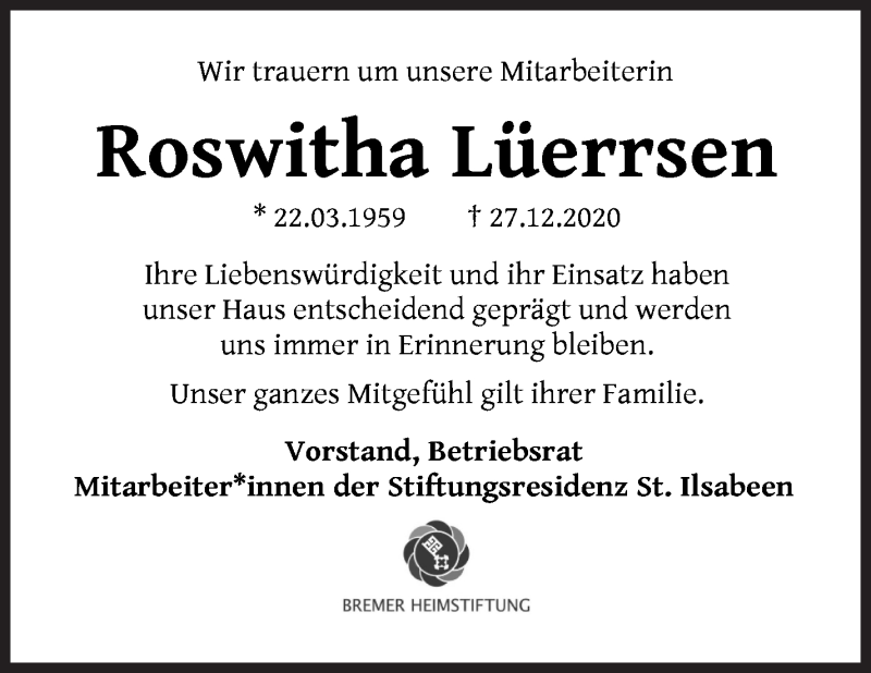 Traueranzeige von Roswitha Lüerssen von WESER-KURIER