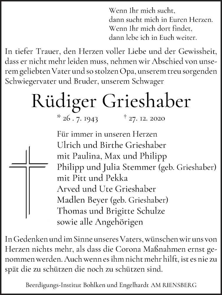  Traueranzeige für Rüdiger Grieshaber vom 02.01.2021 aus WESER-KURIER