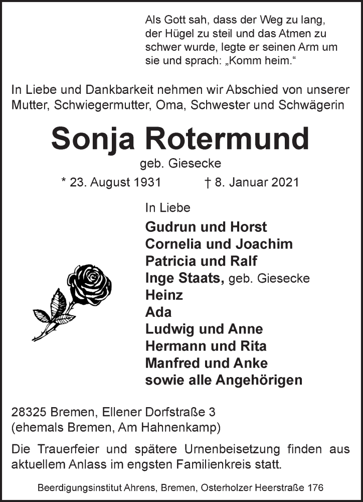 Traueranzeige von Sonja Rotermund von WESER-KURIER