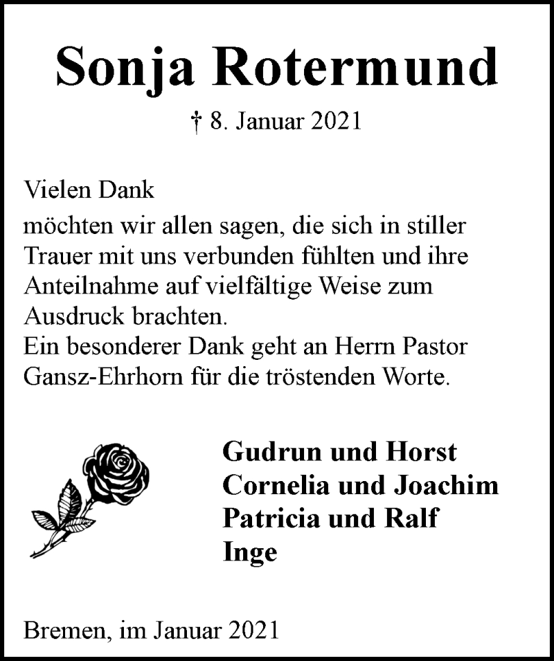 Traueranzeige von Sonja Rotermund von WESER-KURIER