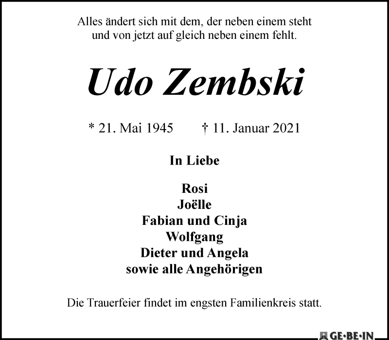  Traueranzeige für Udo Zembski vom 23.01.2021 aus WESER-KURIER