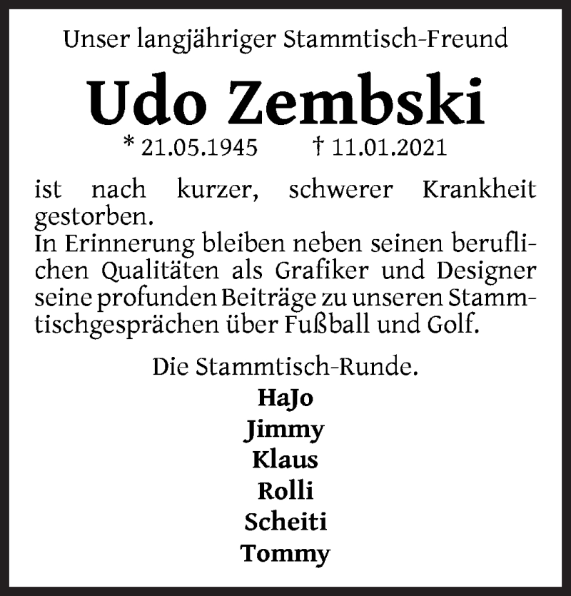  Traueranzeige für Udo Zembski vom 23.01.2021 aus WESER-KURIER