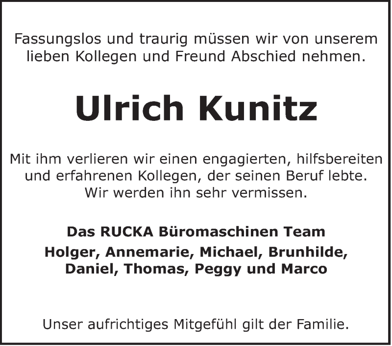  Traueranzeige für Ulrich Kunitz vom 16.01.2021 aus WESER-KURIER