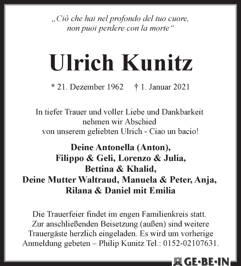 Traueranzeige für Ulrich Kunitz vom 09.01.2021 aus WESER-KURIER