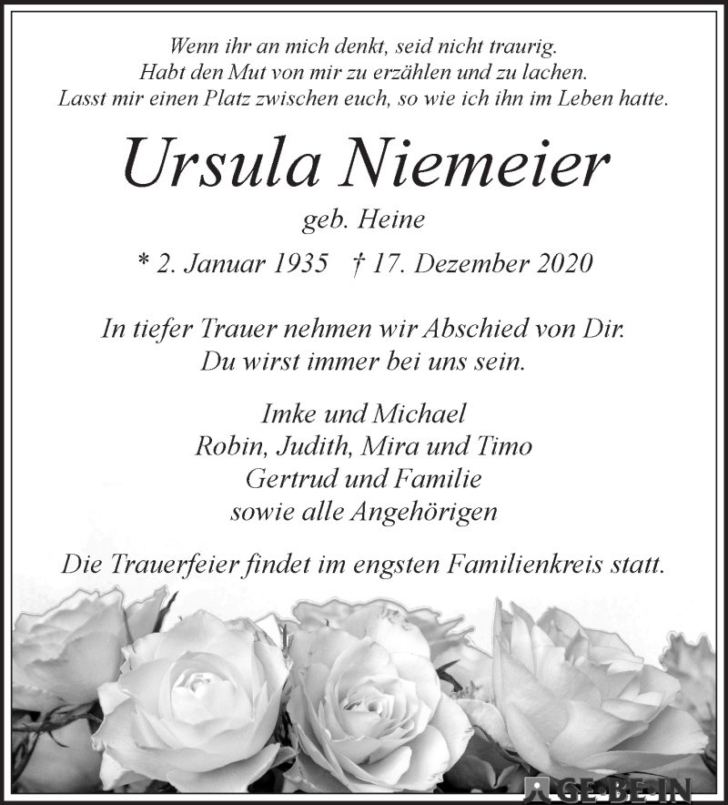 Traueranzeige von Ursula Niemeyer von WESER-KURIER