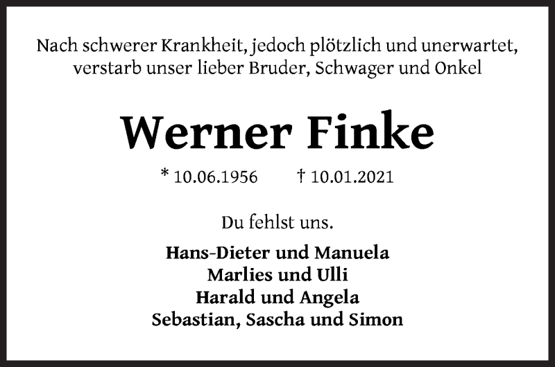  Traueranzeige für Werner Finke vom 16.01.2021 aus WESER-KURIER