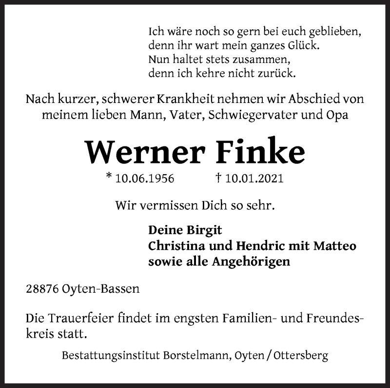  Traueranzeige für Werner Finke vom 16.01.2021 aus WESER-KURIER