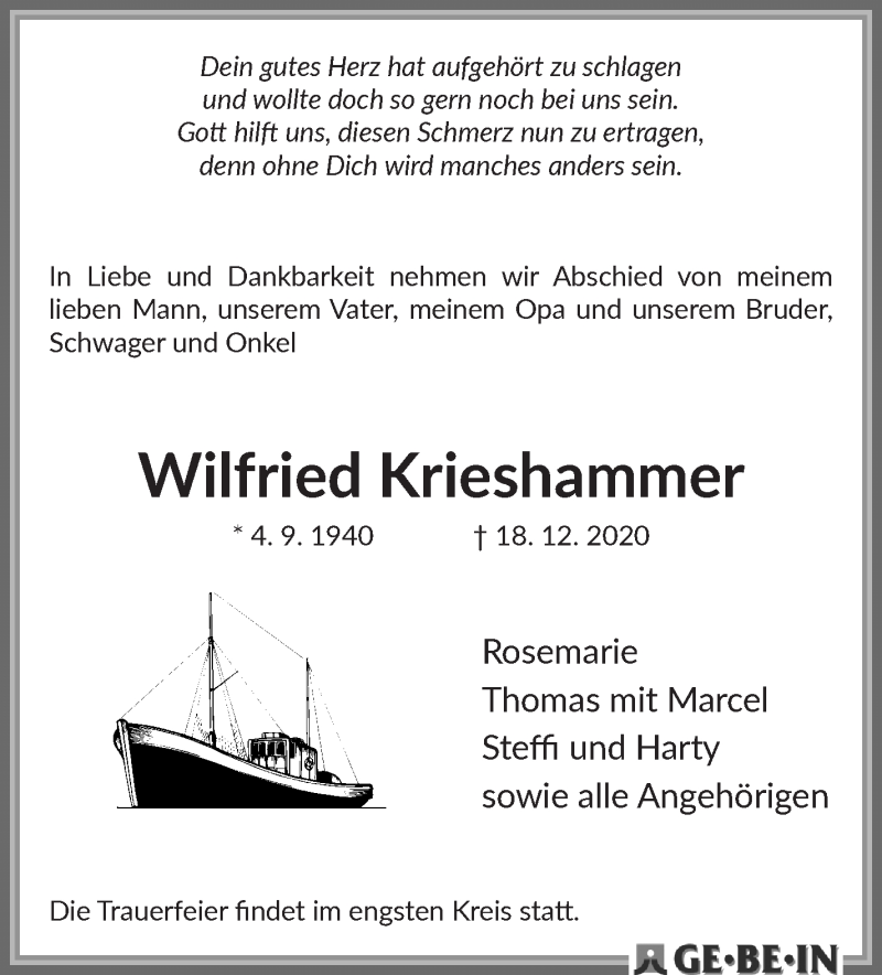 Traueranzeige von Wilfried Krieshammer von WESER-KURIER
