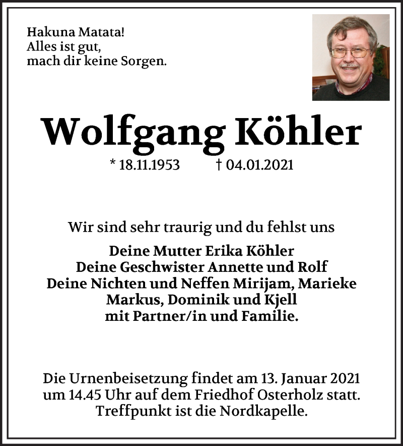  Traueranzeige für Wolfgang Köhler vom 13.01.2021 aus WESER-KURIER