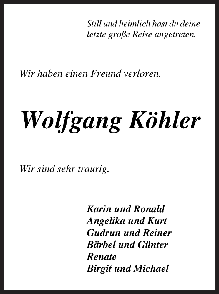  Traueranzeige für Wolfgang Köhler vom 13.01.2021 aus WESER-KURIER