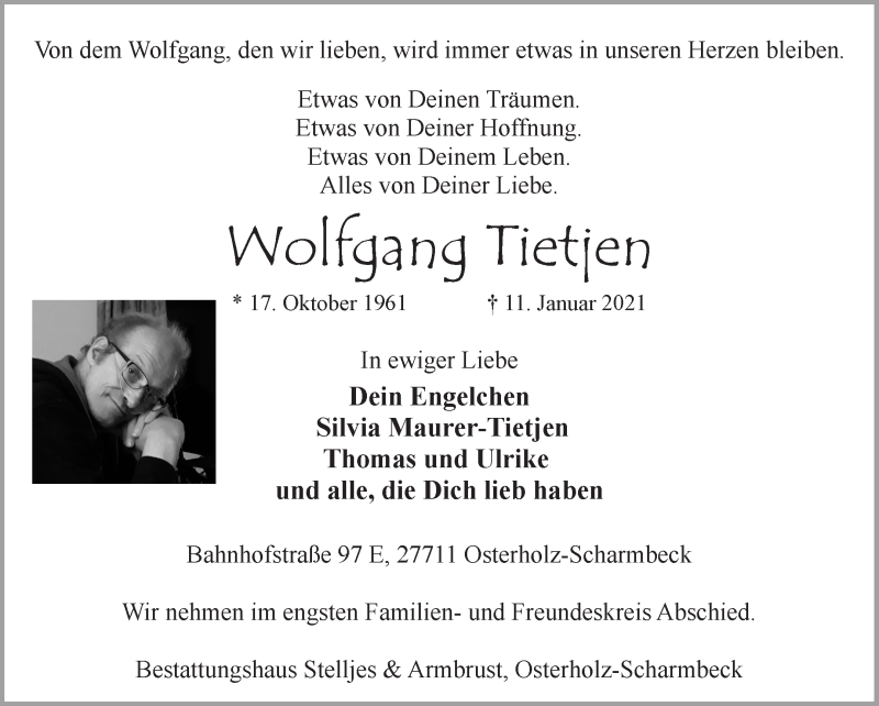  Traueranzeige für Wolfgang Tietjen vom 16.01.2021 aus Osterholzer Kreisblatt