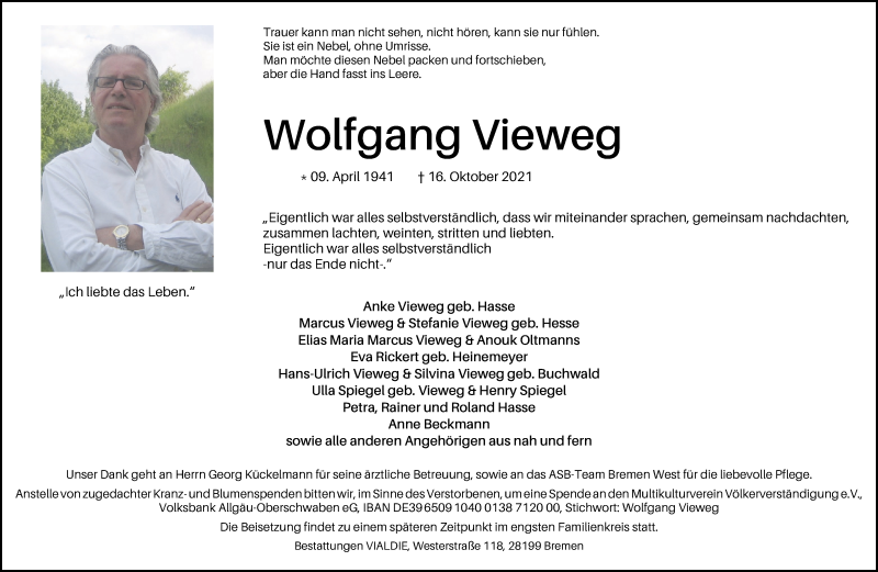  Traueranzeige für Wolfgang Vieweg vom 23.10.2021 aus WESER-KURIER