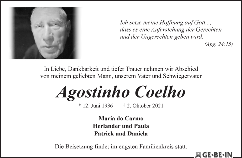  Traueranzeige für Agostinho Coelho vom 09.10.2021 aus WESER-KURIER
