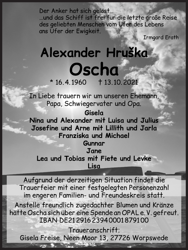  Traueranzeige für Alexander Hruska vom 19.10.2021 aus Osterholzer Kreisblatt