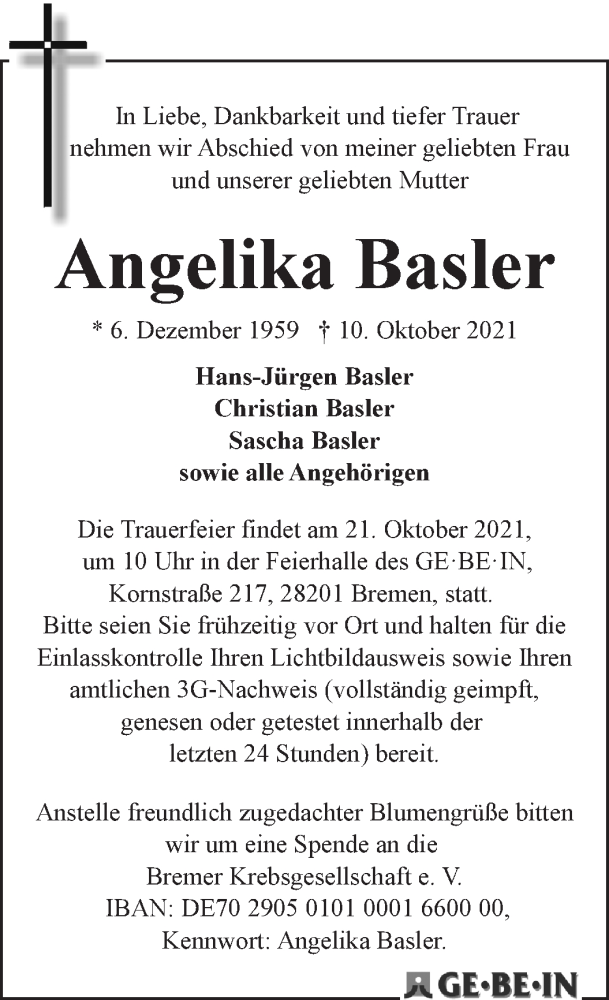  Traueranzeige für Angelika Basler vom 16.10.2021 aus WESER-KURIER