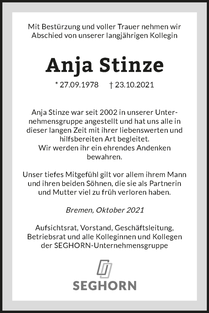  Traueranzeige für Anja Stinze vom 29.10.2021 aus WESER-KURIER