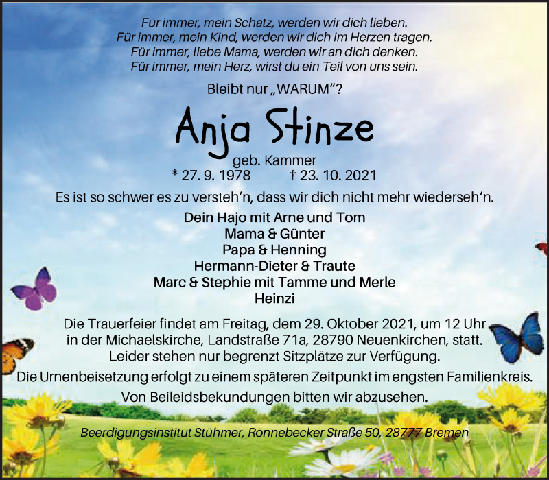  Traueranzeige für Anja Stinze vom 27.10.2021 aus Die Norddeutsche