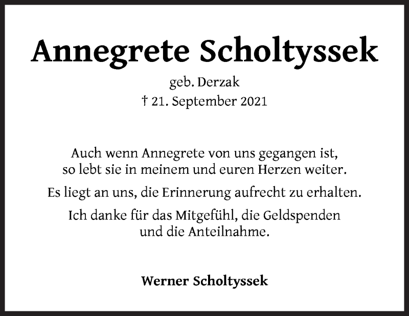  Traueranzeige für Annegrete Scholtyssek vom 16.10.2021 aus Die Norddeutsche