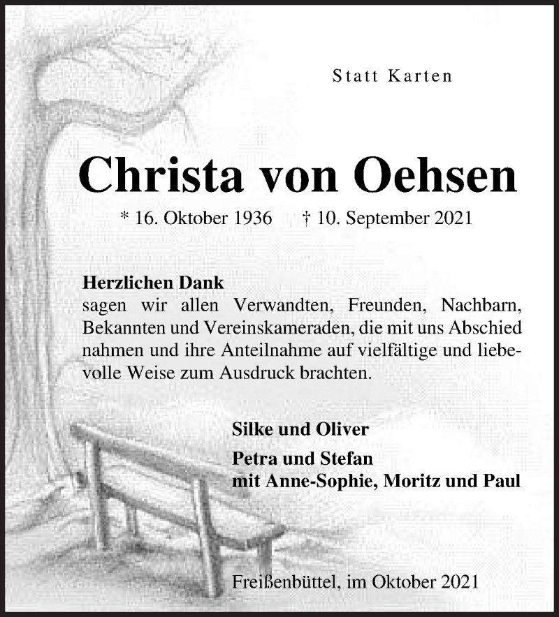  Traueranzeige für Christa von Oehsen vom 30.10.2021 aus Osterholzer Kreisblatt