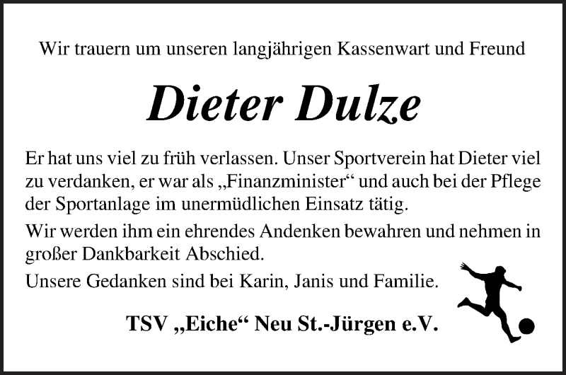  Traueranzeige für Dieter Dulze vom 18.10.2021 aus Wuemme Zeitung