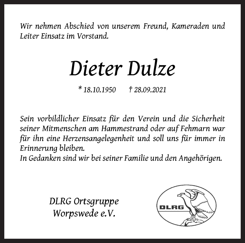  Traueranzeige für Dieter Dulze vom 16.10.2021 aus Wuemme Zeitung