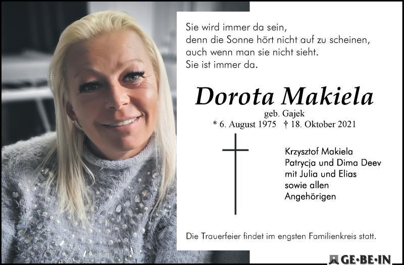  Traueranzeige für Dorota Makiela vom 30.10.2021 aus WESER-KURIER