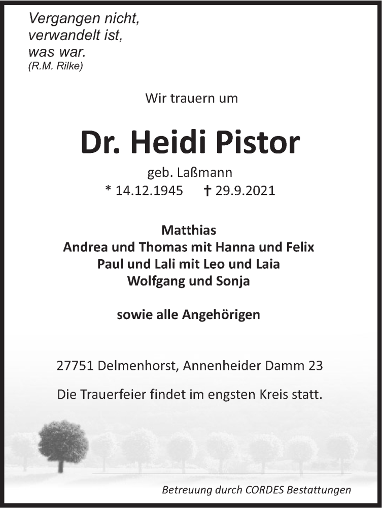  Traueranzeige für Dr. Heidi Pistor vom 04.10.2021 aus WESER-KURIER