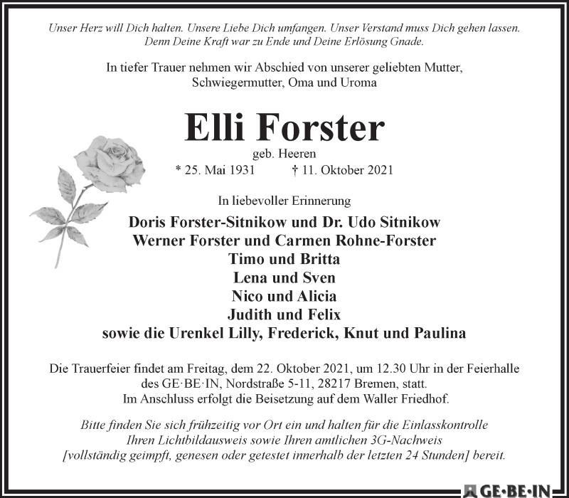  Traueranzeige für Elli Forster vom 16.10.2021 aus WESER-KURIER