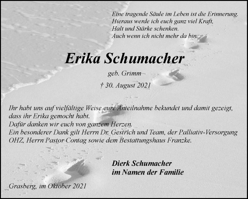  Traueranzeige für Erika Schumacher vom 09.10.2021 aus Wuemme Zeitung