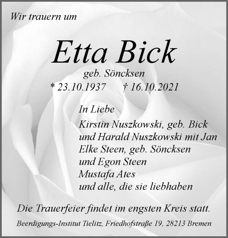  Traueranzeige für Etta Bick vom 23.10.2021 aus WESER-KURIER