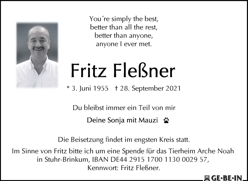  Traueranzeige für Fritz Fleßner vom 09.10.2021 aus WESER-KURIER