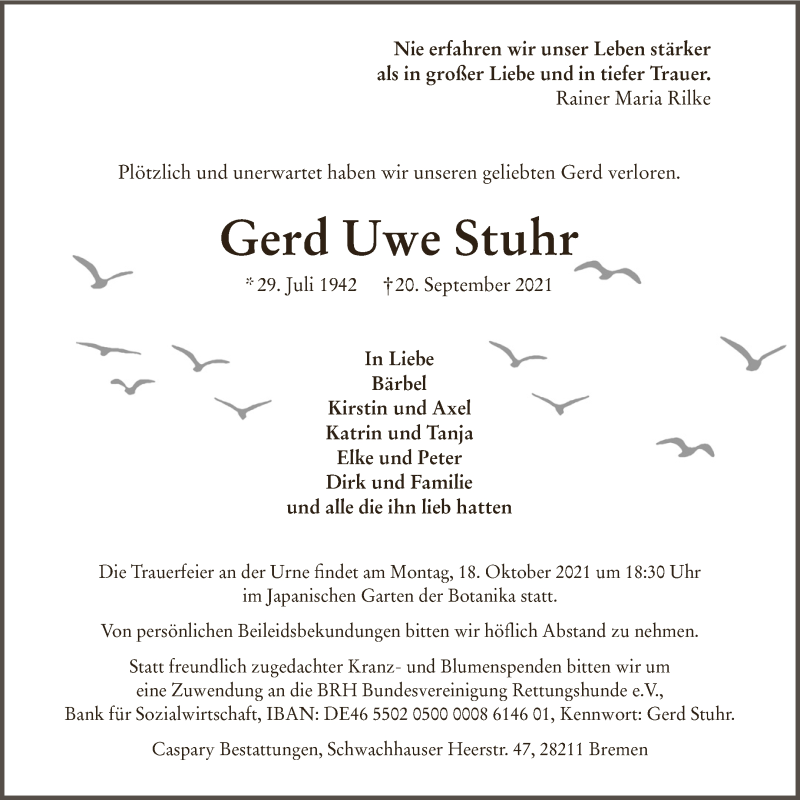  Traueranzeige für Gerd Uwe Stuhr vom 13.10.2021 aus WESER-KURIER