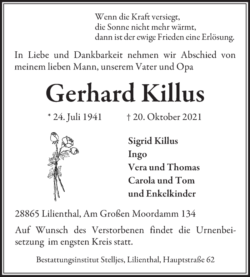  Traueranzeige für Gerhard Killus vom 27.10.2021 aus Wuemme Zeitung