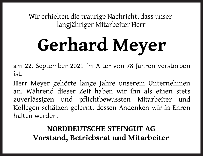  Traueranzeige für Gerhard Meyer vom 02.10.2021 aus Die Norddeutsche