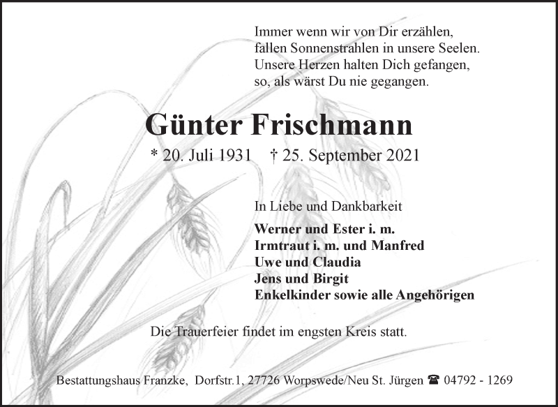  Traueranzeige für Günter Frischmann vom 02.10.2021 aus Wuemme Zeitung