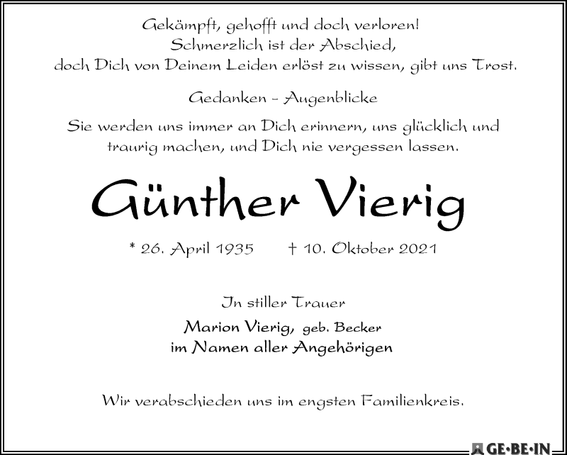 Traueranzeige von Günther Vierig von WESER-KURIER