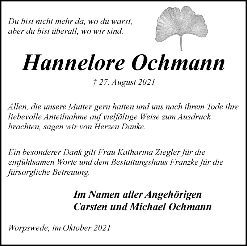  Traueranzeige für Hannelore Ochmann vom 23.10.2021 aus Wuemme Zeitung