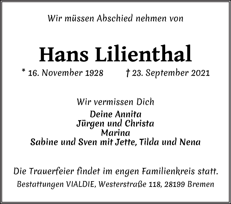  Traueranzeige für Hans Lilienthal vom 02.10.2021 aus WESER-KURIER