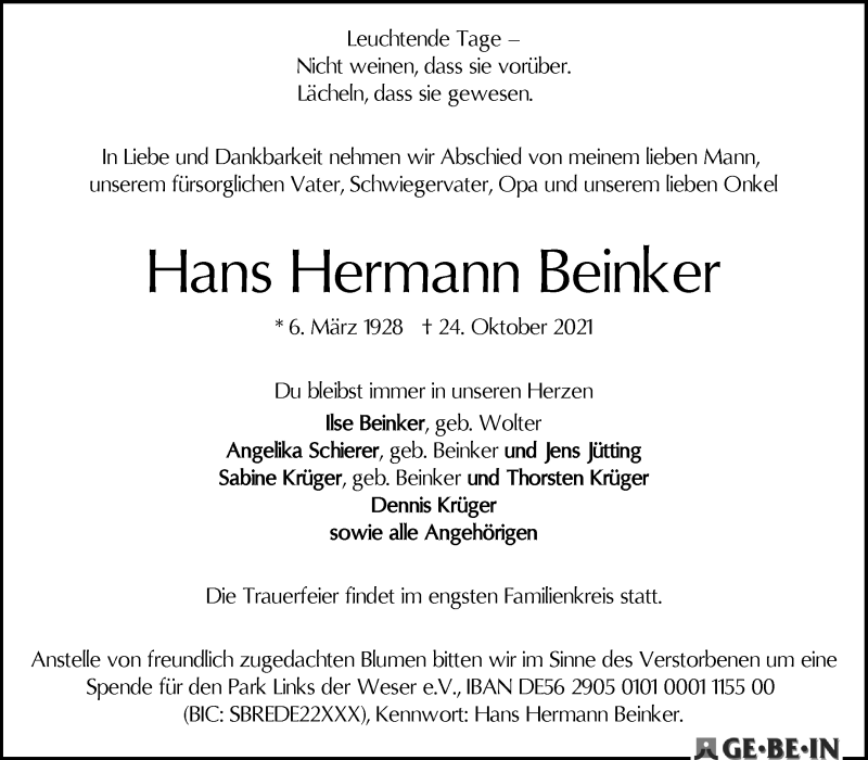 Traueranzeige von Hans Hermann Beinker von WESER-KURIER